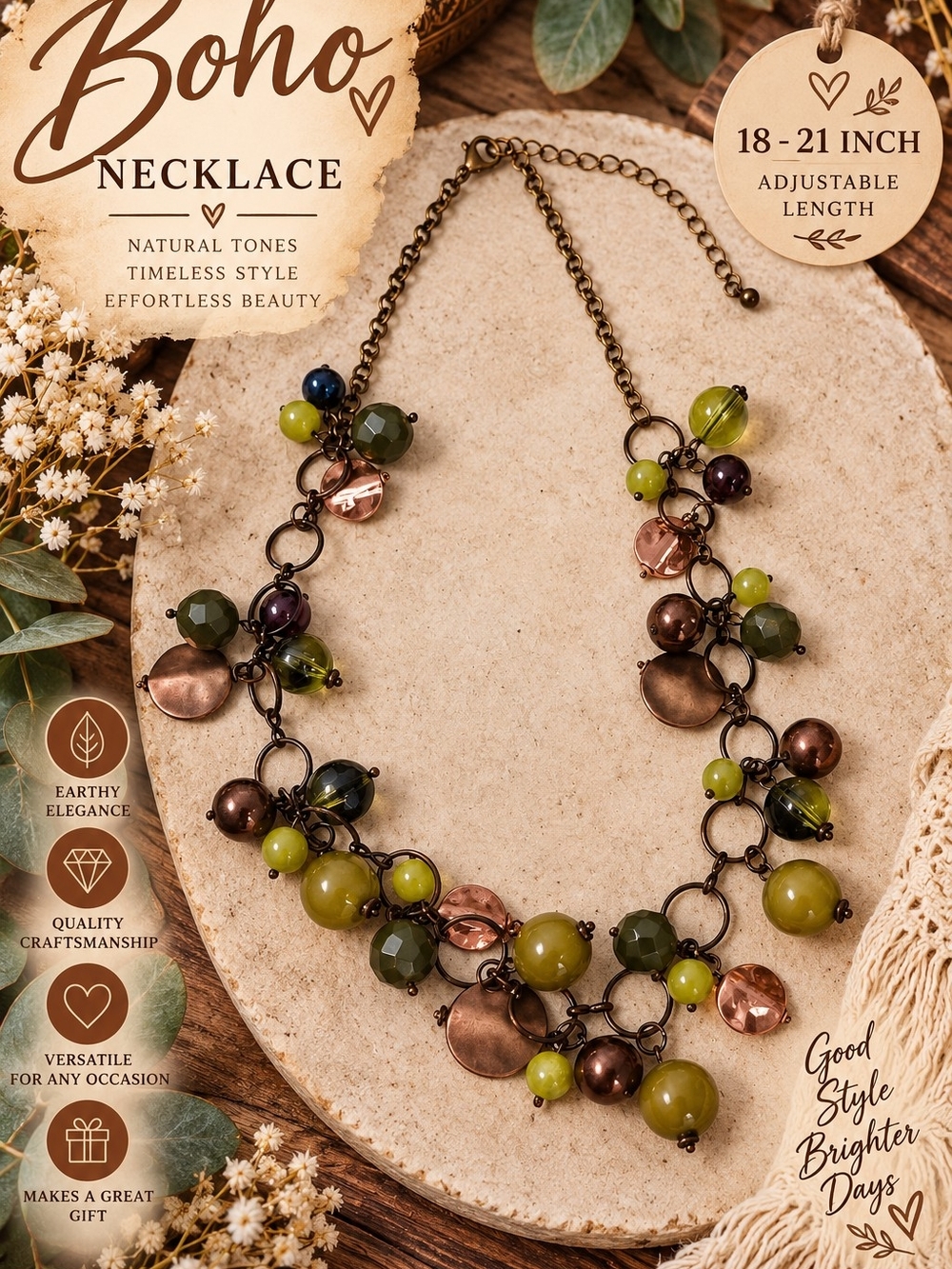 701 Boho Olive & Copper Bead Cluster Necklace